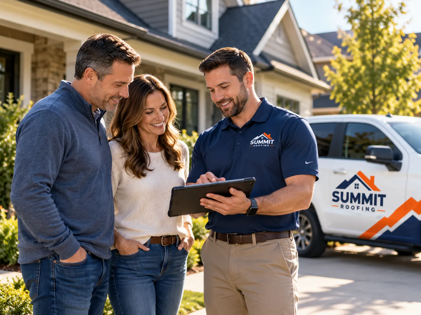 Roof advisor discussing findings with homeowners