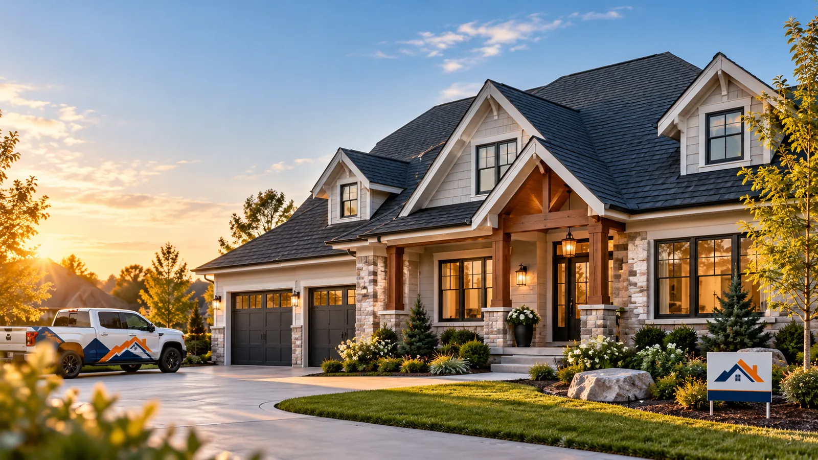 Residential architectural roof at sunset