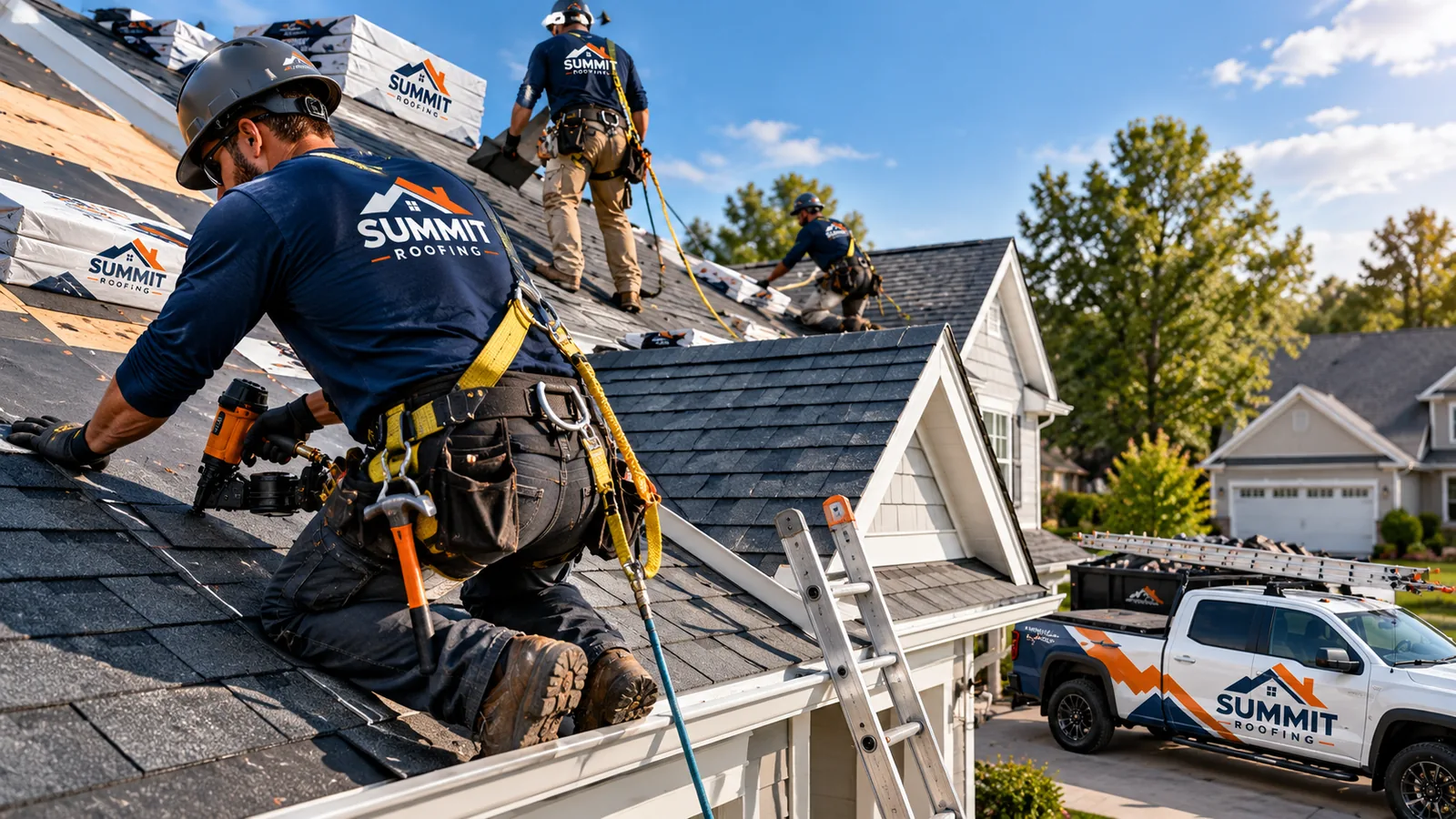 Roofing professionals installing shingles